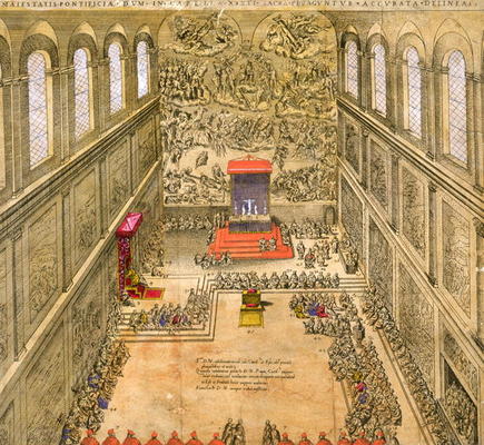 Audience Chapel at the Vatican (colour engraving) a Italian School, (16th century)