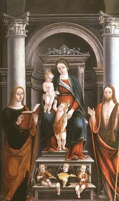 Madonna and Child receiving a rose from the Infant St. John the Baptist, with saints and angels by M a Italian School, (16th century)