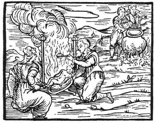 Witches roasting and boiling infants, copy of an illustration from 'Compendium Maleticarum' by Fr M a Italian School, (17th century) (after)
