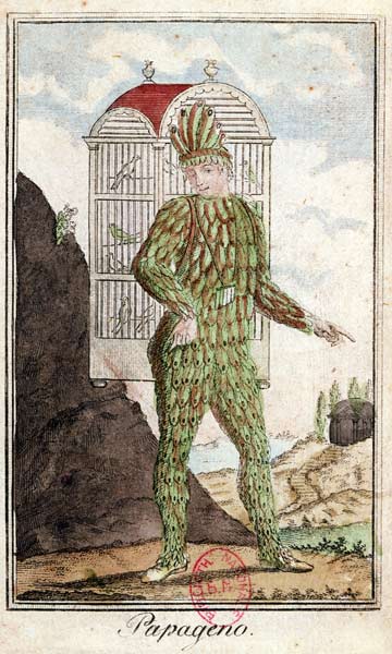 Papageno the bird-catcher, from 'The Magic Flute' by Wolfgang Amadeus Mozart (1756-91), (coloured en a Italian School, (18th century)