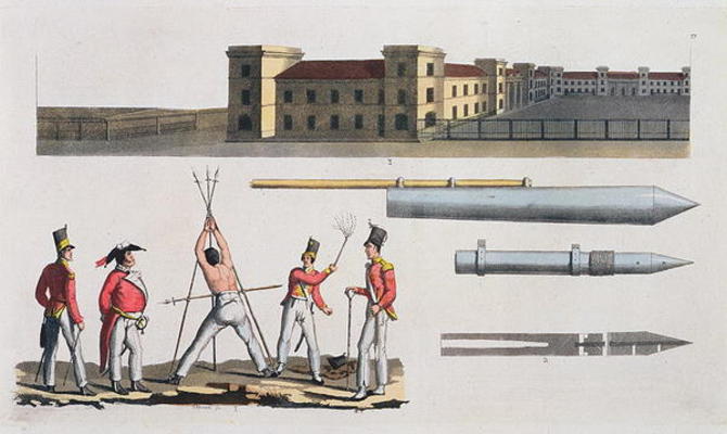 Chatham Barracks, a Military Punishment called the 'Triangle' and Congreve Rockets, plate 17 from 'T a Italian School, (19th century)