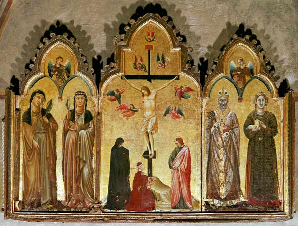 Kreuzigung mit Stifter und den Heiligen Agnes, Rufinus, Klara von Assisi und Agnes der Klarissin a Pittore Italiano