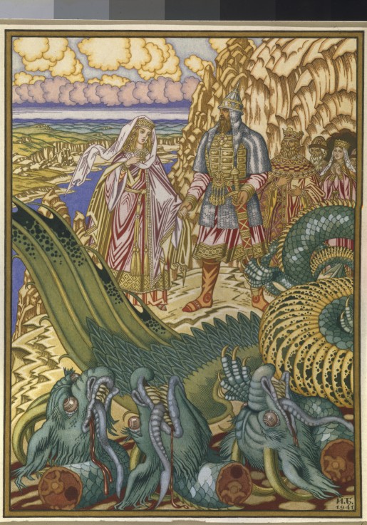 Dobrynya Nikitich rescues Zabava Putyatishna from the dragon Gorynych a Ivan Jakovlevich Bilibin