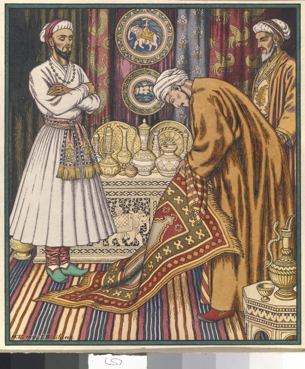 Prince Ali buying a carpet. Illustration for Arabian Fairy Tales a Ivan Jakovlevich Bilibin