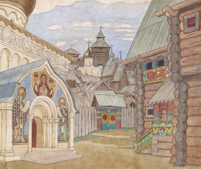 Russian Village. Stage design for the opera The Tale of Tsar Saltan by N. Rimsky-Korsakov a Ivan Jakovlevich Bilibin