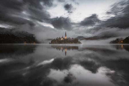 Misty morning on the lake Bled