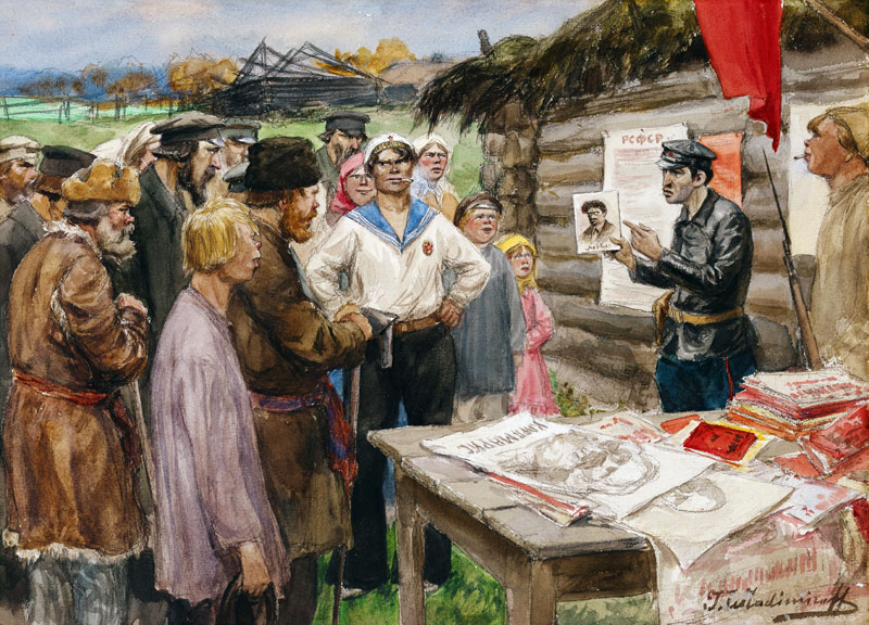 Die Lehrstunde des Kommunismus im Dorf (Aus der Aquarellserie Russische Revolution) a Iwan Alexejewitsch Wladimirow