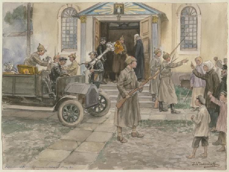 Die Beschlagnahme der Kirchenschätze durch Rotarmisten in Petrograd am 5. Mai 1922 (Aus der Aquarell a Iwan Alexejewitsch Wladimirow