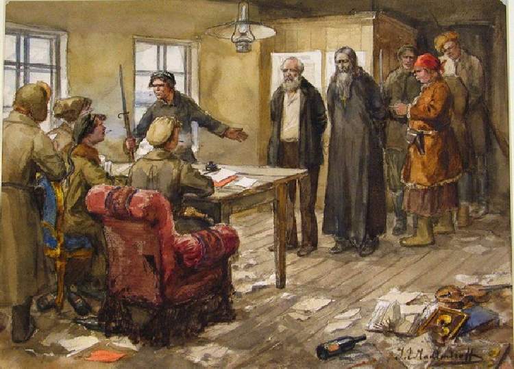 Ein Gutsbesitzer und ein Priester werden vom Revolutionstribunal zum Tode verurteilt (Aus der Aquare a Iwan Alexejewitsch Wladimirow