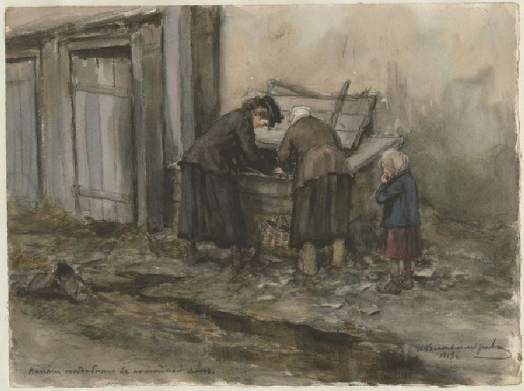 Zwei Frauen und Kind, die in den Mülltonnen nach Essbarem suchen (Aus der Aquarellserie Russische Re a Iwan Alexejewitsch Wladimirow