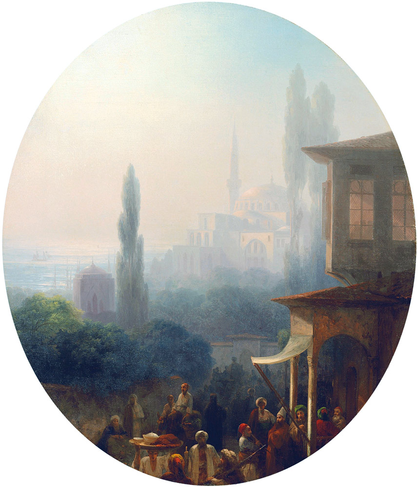 A market scene in Constantinople, with the Hagia Sophia beyond a Iwan Konstantinowitsch Aiwasowski