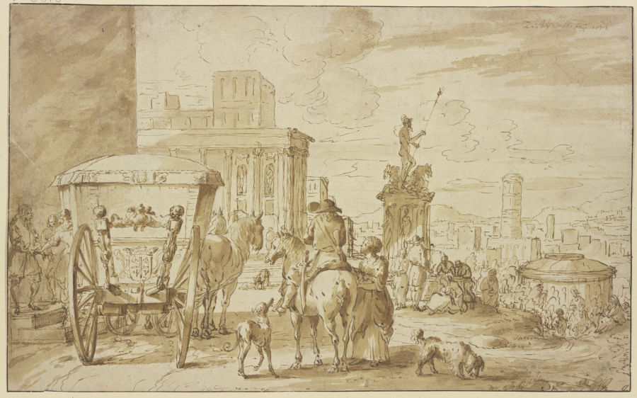 Römische Straße mit einem Monument des Neptun, links hält eine Kutsche, dabei ein Reiter, der mit ei a J. Blyhooft