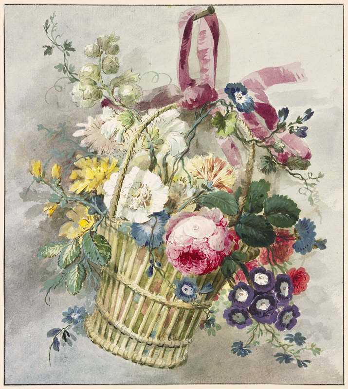 Blumenstrauß in einem aufgehängten Körbchen a J. H. van Loon