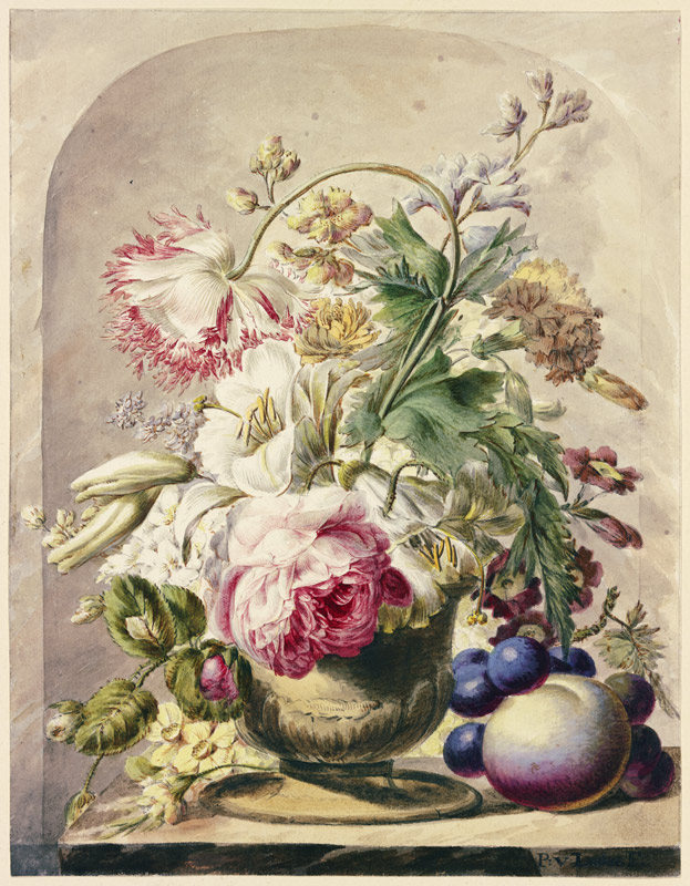 Bouquet in einer Vase, vorne rechts ein Pfirsich und einige Trauben a J. H. van Loon