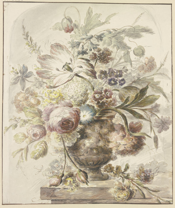 Blumenstrauß in einer Vase mit Basrelief, links hängen zwei Rosenknospen herab a J. H. van Loon