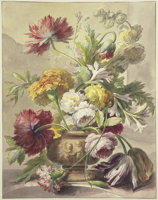 Blumenstrauß in einer Vase mit Basrelief von Mohn, Rosen, Tulpen, quer über der Vase hängt eine gekn a J. H. van Loon