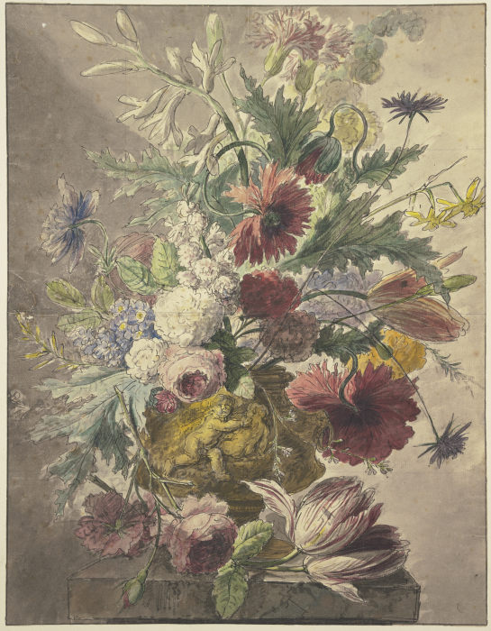 Blumenstrauß in einer Vase mit Basrelief, vorne liegt eine Rose und eine Tulpe a J. H. van Loon