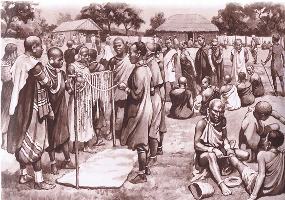 Market scene in Kikuyu, from MacMillan school posters, c.1950-60s a J. Macfarlane