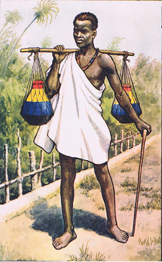 Uganda: A native carrying milk, from MacMillan school posters, c.1950-60s a J. Macfarlane