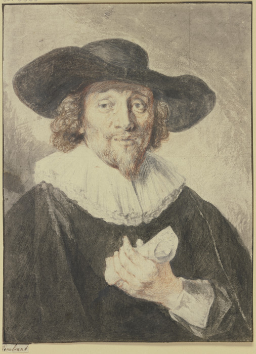 Brustbild eines schwarz gekleideten Mannes, er hat den Hut auf dem Kopf und eine Papierrolle in der  a Jacob Adriaensz. Backer