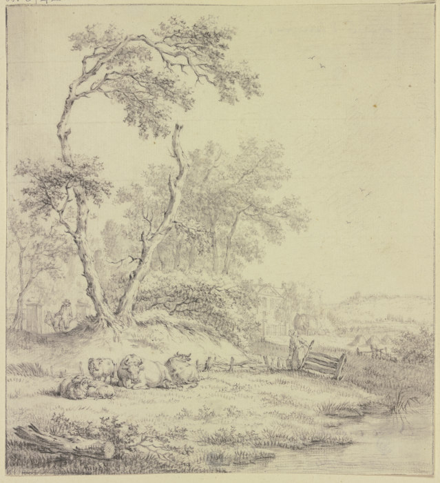 Bei einer Baumgruppe an einem Zaun liegendes Vieh, rechts eine Frau mit einem Eimer a Jacob Cats