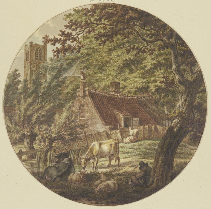 Hütte im Walde mit einigem Vieh, links ein Kirchturm a Jacob Cats