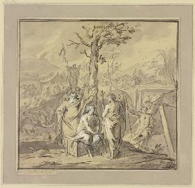 Ein am Baum der Erkenntnis Sitzender erhält Unterweisungen von Moses und Johannes dem Täufer, im Hin
