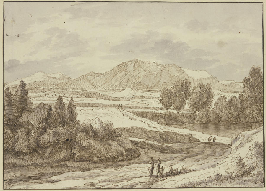 Ebene vor dem Gebirge, rechts ein See, auf dem Weg verschiedene Figuren a Jacob Esselens