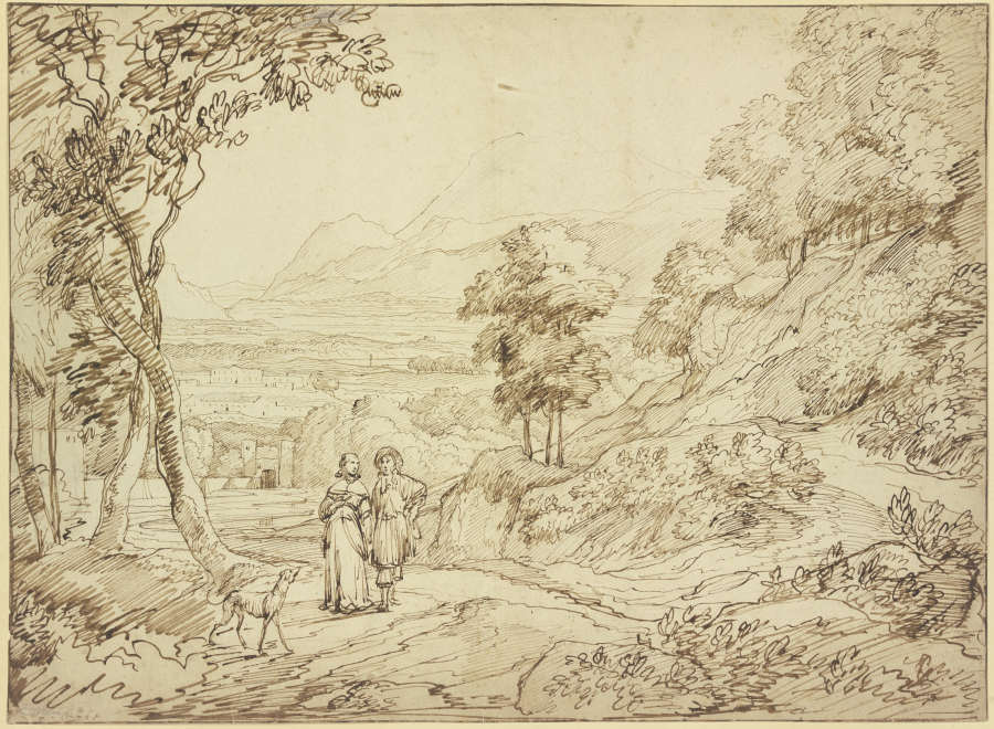 Landschaft, auf dem Weg ein Herr und eine Dame mit einem Windhund a Jacob Esselens