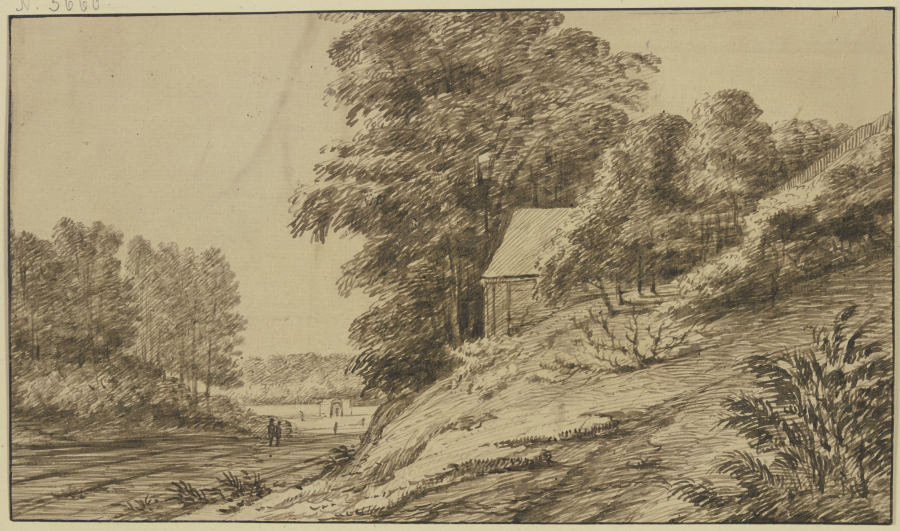 Landstraße durch den Wald, rechts unter hohen Bäumen auf einem Abhang eine Hütte a Jacob Esselens