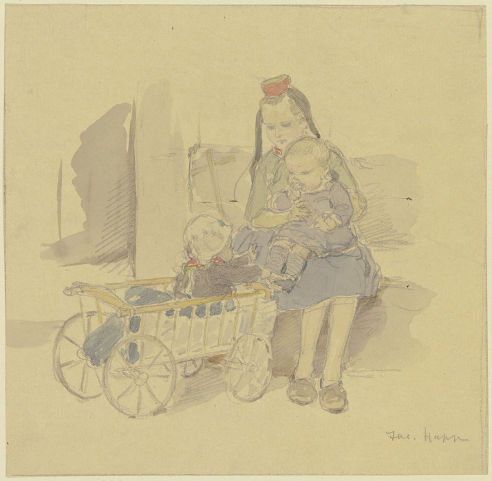 Drei Kinder mit Leiterwagen a Jacob Happ