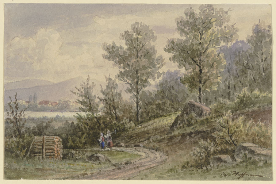 Blick vom Wald auf ein Dorf und Berge a Jacob Hoffmann