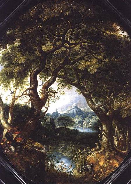 A Wooded Landscape with Hunters by a Stream a Jacob I Savery