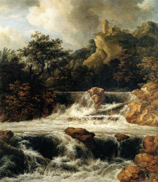 Waterfall with mountain castle a Jacob Isaacksz van Ruisdael