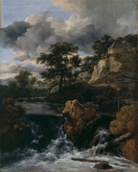 Hilly landscape with a waterfall a Jacob Isaacksz van Ruisdael