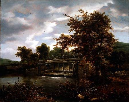 A wooded river landscape with a sluice gate a Jacob Isaacksz van Ruisdael