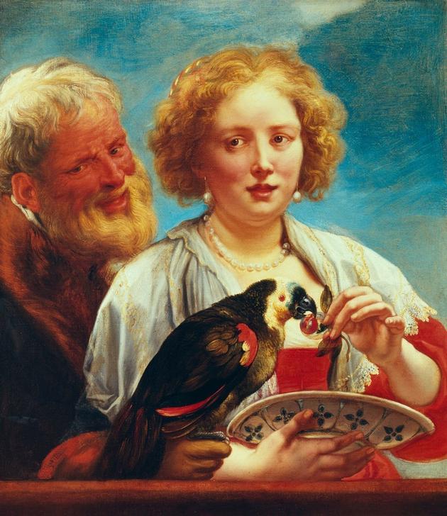 A young woman with an old mann and a parrot, a Jacob Jordaens