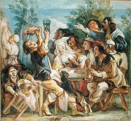 A Party Drinking Outside an Inn (w/c heightened with white on paper) a Jacob Jordaens