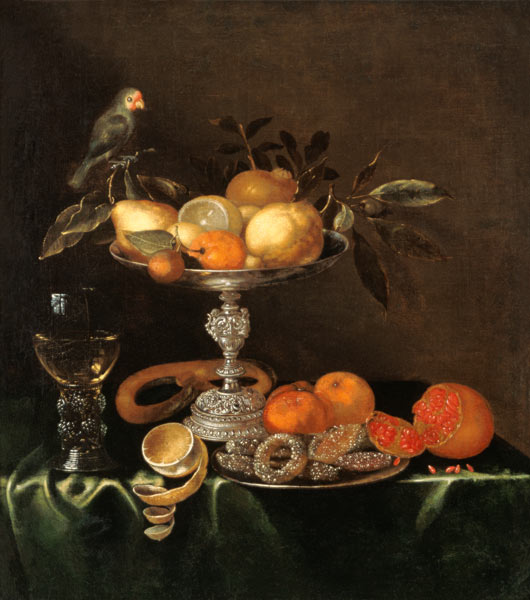Quiet life with roman, silver Tazza, fruits, pastries and bird a Jacob Marrel