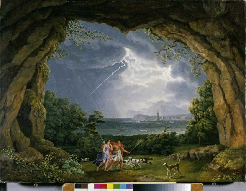 Aeneas und Dido flüchten vor dem Unwetter in eine Grotte a Jacob Philipp Hackert