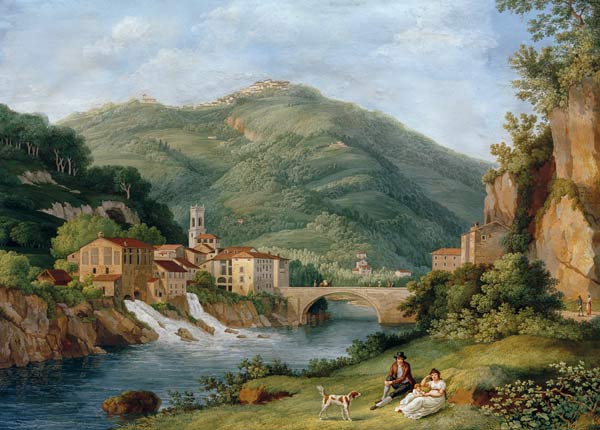 Brücke bei Serraglio su la Lima in Bagni di Lucca (Provinz Lucca / Toskana) a Jacob Philipp Hackert