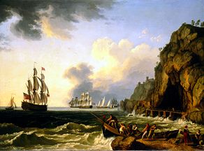 Una nave da guerra inglese e altre navi nella baia di Na Hackert a Jacob Philipp Hackert