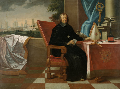 Sitzbildnis des Fürstbischofs Christoph Bernhard von Galen mit Herrschaftsattributen, im Hintergrund a Jacob Quinchard