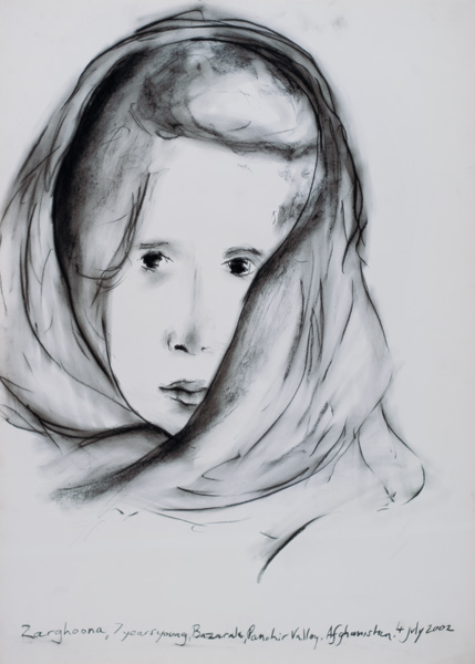 Zarghoona, Panshir Valley, Afghanistan, 4th July 2002 (charcoal on paper)  a Jacob  Sutton