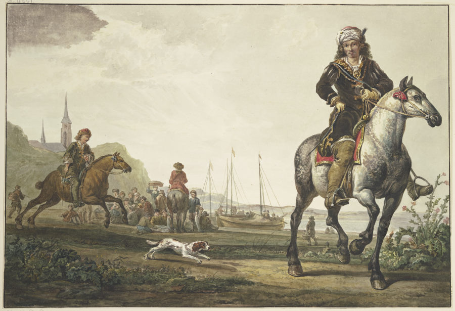 Am Ufer eines Flußes sitzt viel Volk bei den Schiffen, vorne rechts ein reich gekleideter Reiter mit a Jacob van Strij