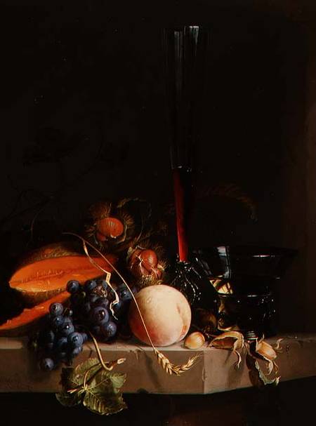 Still life of fruit on a ledge with a roemer and a wine glass a Jacob van Walscapelle