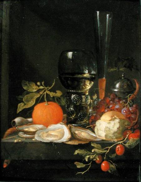 Still Life of Oysters, Grapes, Bread and Glasses on a Ledge a Jacob van Walscapelle