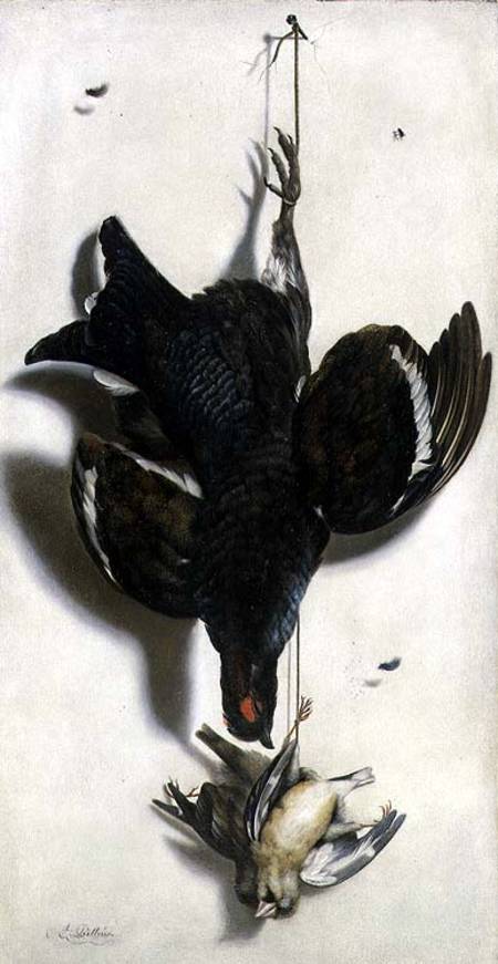 Trompe l'oeil of a black grouse and finches a Jacobus Biltius
