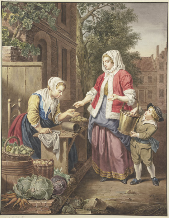Eine Dame mit einem Knaben kauft Äpfel ein a Jacobus Buys