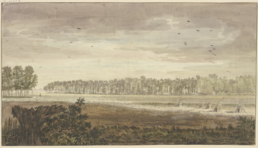 Landschaft, im Hintergrunde ein langes Wäldchen, vorne Felder mit einigen Fruchtgarben a Jacobus van Liender